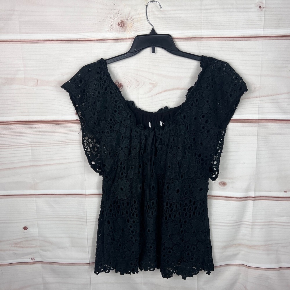 Velvet Spencer Graham Top Womens XL Black Lace Blouse Tie Neck Pullover Cotton